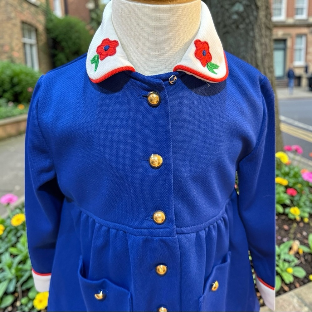 Vintage Navy Girls Dress & Coat Set Embroidered Floral Collar Classic 24M/2T - Picture 8 of 12
